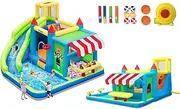 FBSPORT Inflatable Bounce House Water Slide, Water Bounce House for Kids with Toy Market Stand Splash Pool Bouncer Climbing Wall Water Gun Ball Dart, Bouncy Castle W/620W Blower for Outdoor Indoor