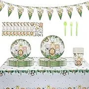 Safari Birthday Party Supplies Set - Jungle Animal Decorations for Boys and Girls - Cutlery Plates Cups Napkins Tablecloth Banner - 91 Items Serves 10 Guests