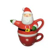 Hallmark Ceramic Tea for One Santa Teapot With Cup Stack Set of 3