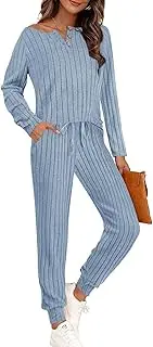 [RISCUYY] Two Piece Outfits for Women Lounge Tracksuits V Neckline Long Sleeve Button Knit Pullover and Pants Matching Set