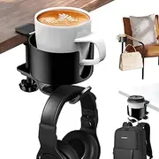 2 in 1 Desk Cup Holder With Rotatable Headphone Hanger, Anti Spill, Clip-On Design for Easy Installation on Water Bottles, Backpack (Black)