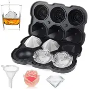 Ice Cube Tray, Rose Ice Cube Trays With Covers,3 Silicone Rose Ice Tray And 3 Diamond Ice Ball Maker For Juice Cocktails, Whiskey Col Black