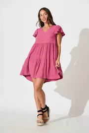 Tahiti Smock Dress Short Sleeve in Pink Deep Rose Linen Blend 10