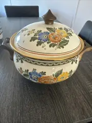 Vintage ASTA Germany Floral And Brass Handles Enamel Pot With Lid Cookware 7”