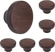 6PCS Round Wooden Single Hole Drawer Handles, 1.56" Cabinet Knobs 1 Hole Hardware Handles Decorative Furniture Knobs for Dresser Wardrobes (Walnut)