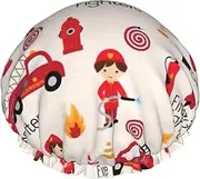 Little Boys And Girls In Firefighters Print Various Activities Shower Cap Reusable Soft And Lightweight Bath Hair Cap Long Hair