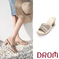 在飛比找ETMall東森購物網優惠-【DROM】拖鞋 高跟拖鞋/典雅復古撞色刻花燙鑽高跟拖鞋 杏