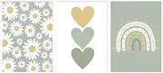 Ueiwffzo Set of 3 DIN A4 Poster Set with Wooden Frame, Picture Set, Framed Pink Rainbow Daisy Pictures for Children's Room, Girls Canvas Pictures, Wall Pictures, Wall Poster, Baby Room Decoration