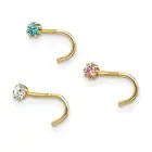 10k Yellow Gold Set Of 3 Cubic Zirconia Nose Studs - Pink Blue and Clear Nose
