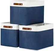 DULLEMELO Cube Storage Baskets, Storage Basket with Leather Handles for Shelves, Linen Closet Organizers and Storage Baskets for Home Office, Decorative Storage Baskets for Toys Storage(White&Blue)