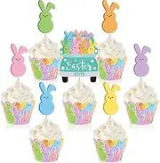 Whaline 72Pcs Easter Cupcake Toppers and Cupcake Wrappers Set Colorful Easter Bunny Truck Dessert Decorations for Easter Spring Birthday Party Supplies