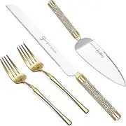 ROXBURGH Wedding Cake Knife and Server Set, 420 Stainless Steel Gold Cake Cutter and Pie Server Slicer, Rhinestones Studded Handle Cutting Set for Wedding, Engagement Present for Groom and Bride