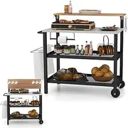 Costway Rolling Bar Cart with Flip-up Table, Movable Pizza Oven Stand with Hooks, Paper Towel Holder & Trash Bag Holder, Outdoor Grill Cart with Foldable Handle & Smooth Wheels for Kitchen & Patio
