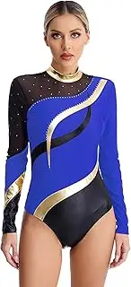 [Fldy] Womens Sparkly Rhinestone Dance Leotard Adult Long Sleeve Bodysuit Gymnastics Figure Skating Jumpsuit