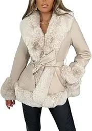 [DSAoTeng] Women Faux Leather Fur Fluffy Collar Open Front Cardigan Jacket With Belt-Casual Warm Long Sleeve Parka Outwear Winter Streetwear