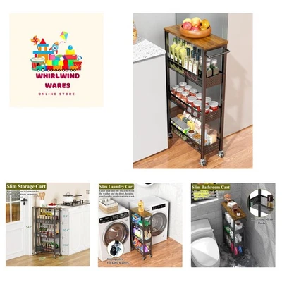 Utility Slim Storage Cart, 4 Tier Small Rolling Kitchen Laundry Room Cart wit...
