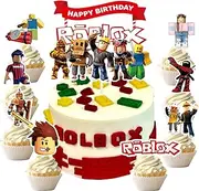 9pcs Game Cake Toppers Cake Decorations, 1 Large Happy Birthday Topper 8 Small for Sandbox Game Cupcake Toppers Happy Birthday Cake Decorations for Sandbox Kids (Red)