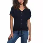 Weatherproof Vintage Tie Front Top Women's Medium Braided V Neck Black Blouse