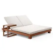 Santorini Aluminium Double Sun Lounge - Side Table Teak Look - Cream