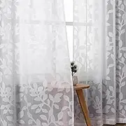 OVZME White Sheer Curtains 84 inches Long 2 Panels for Living Room, Jacquard Clip Leaf Pattern Textured Light Filtering Window Semi Sheer Voile Drapes for Bedroom, Each Panel 42 x 84 Inch