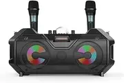 Karaoke Wirel Microphone and Speaker Set with 2 Microphone Stage Light Portable Handheld Mic Karaoke Speaker s for Birthday Party Desktop Home KTV Set Black