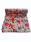 Kantha Beige Bird Indian Quilt Vintage Kantha Bedspread Bohemian Bedding Indian