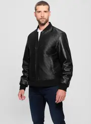 GUESS Black Logo Varsity Bomber Jacket Size: XL, Polyamide