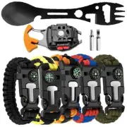 Survival Bracelet Detachable Parachute Rope w/ LED Cob Flashlights Keychain Fork