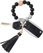 [BAOSIWA] Silicone Beaded Bracelet Keychain Wristlet Key Ring Bangle Chains for Women with Leather Tassel