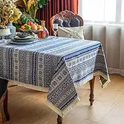 SUTAVIA Pompom Tassel Boho Tablecloth Rectangle Table Covers Wrinkle Free Linen Bohemian Style Design Table Cloth for Home Holiday Dining Room Party Decor(Vintage Blue, 60"x104")