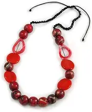 [Avalaya] Statement Wood, Ceramic and Acrylic Beaded Black Cord Necklace in Red - 60cm Long, One Size, ceramic cords Plastic Wood