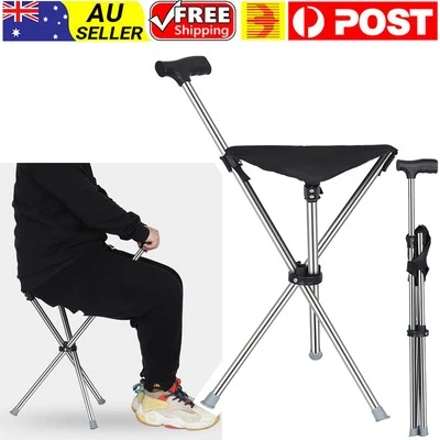 Portable Stainless steel Walking Stick With Seat Folding Tripod Cane Hiking Blac