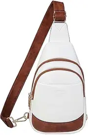 [RAVUO] Sling Bag for Women, Small Crossbody Backpack Faux Leather Trendy Purse with Adjustable Strap for Travel Sport Hiking (White and Brown)