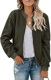 [MIROL] Women's Sherpa Fleece Jacket Faux Fuzzy Long Sleeve Casual Zip Up Bomber Coat