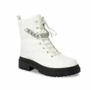 NIB CC CHASE & CHLOE Chain Trim Quilted Combat Boots Lace Up Lug Sole 6.5 White