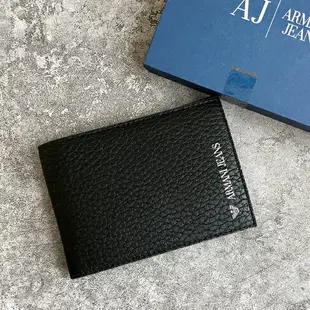 美國百分百【全新真品】Armani Jeans 真皮皮夾 logo AJ 男用短夾 錢包 證件卡夾 荔枝皮黑色 AF03