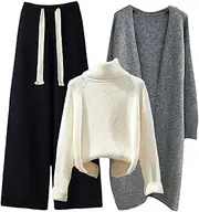 [Jegsnoe] Women Knitted Cardigan 3 Piece Set Autumn Winter Casual Turtleneck Sweater + Wide Leg Pants