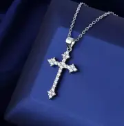 Titanium Silver Faith Cross Pave Cubic Zirconia Pendant Chain Necklace