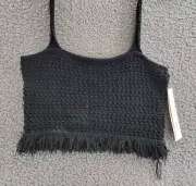 AQUA Crochet Cropped Tank Top Women's S Black Square Neck Fringe Trim Pullover
