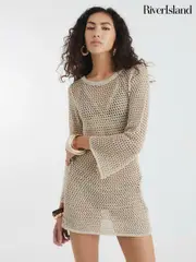River Island Gold Metallic Knit Tunic Dress (W60593) | $111