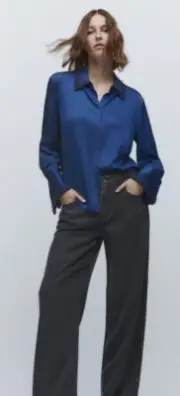 TRINNY FAV ZARA SATIN SHIRT WITH RHINESTONES INK BLUE 4786/275 NEW Sz M FITS S