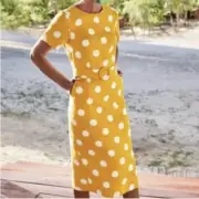 Boden Size 12 Hazel Polka Dot Belted Linen Midi Dress In Tuscan Sun Spot British