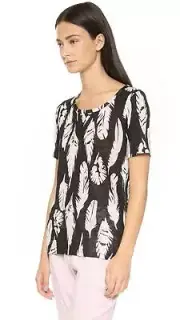 Vince Plume feather Print Scoop Neck Linen Tee Top Small NWT $135