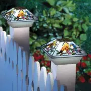 Solar Powered Stained Glass Look Songbirds w/ Birdhouse Fence Post Cap Light