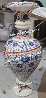 24" White marble Flower Vase pot decor home inlay lapis for room decorative