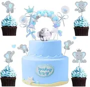 54Pieces Elephant Cake Topper Cupcake Toppers Baby Shower Decorations For Baby Shower Boy Kids Elephant Theme Birthday It's A Boy Little Peanut Party Cake Decorating Supplies¡­