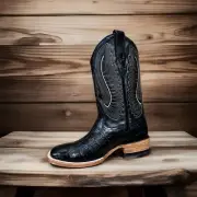 Men's Genuine Leather Cowboy Square Toe Boots Bull Dog Coco- Black-01