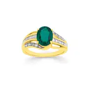 9ct Created Emerald & Diamond Ring in Green