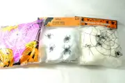 3 HALLOWEEN Decorative Stretchy SPIDER WEBS w/Black Spiders Holiday Home Decor