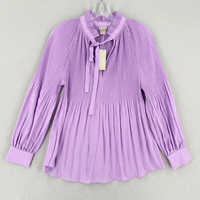 NWT Chicos Pleated Peasant Tie Mock neck Top Size 1 Medium Icy Purple Crepe